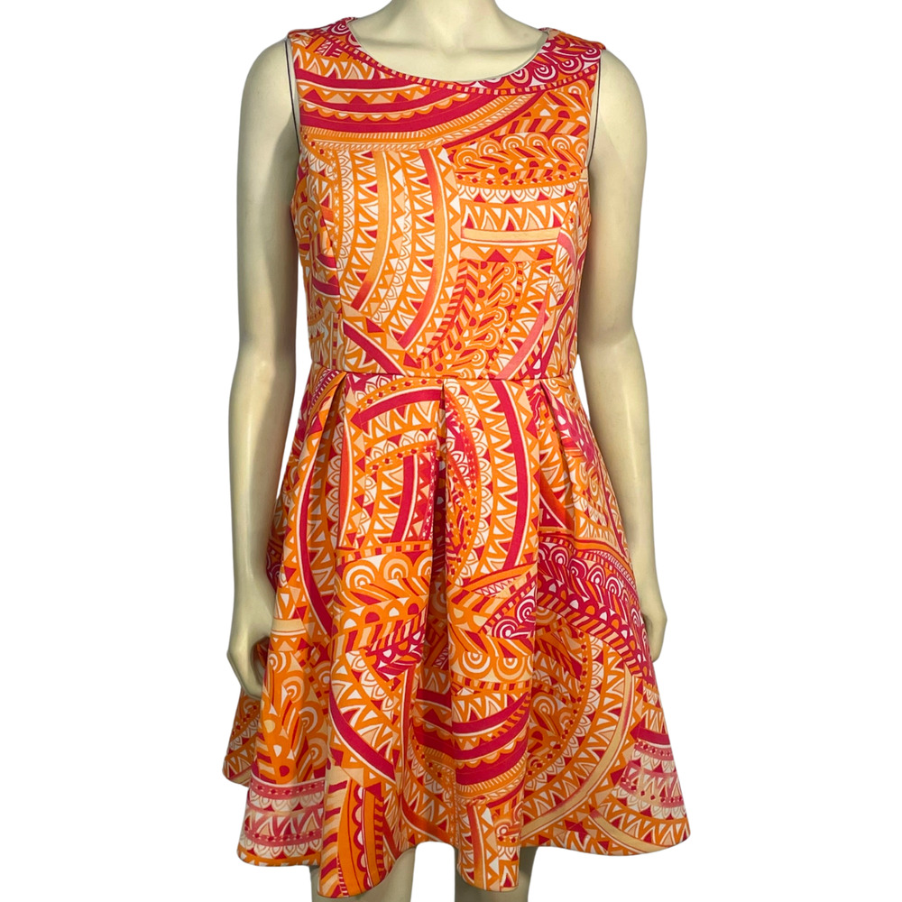 Sandra Darren Sz 8 Fit & Flare Dress Orange & Pink Paisley Scuba Knit Dopamine